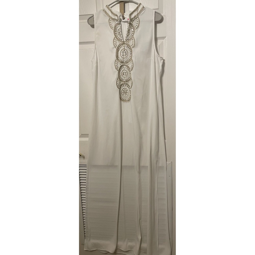 Lilly Pulitzer Jane Maxi Dress 14 Resort White Gold Embroidered Beaded Gown